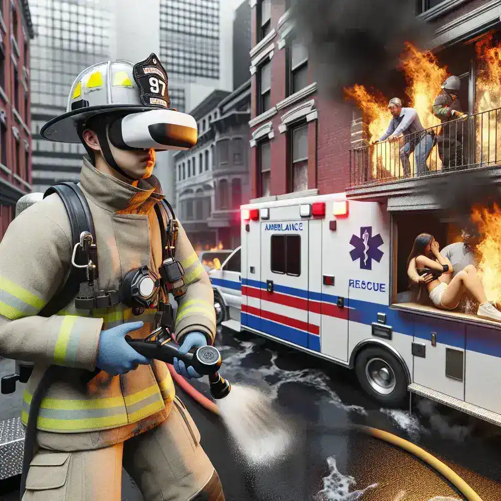"Bomberos y primeros respondedores utilizando tecnología de realidad virtual durante un entrenamiento práctico, mejorando habilidades y procedimientos de emergencia en simulaciones seguras."