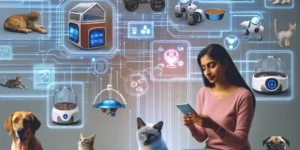 "Imagen que ilustra cómo la inteligencia artificial transforma la industria del cuidado de mascotas, mostrando un asistente virtual interactuando con un perro y un gato en un entorno hogareño."