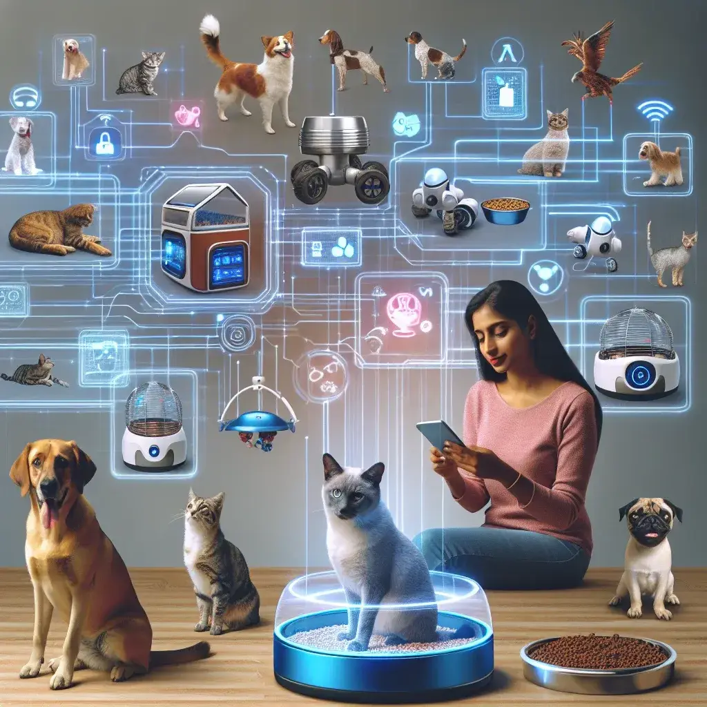 "Imagen que ilustra cómo la inteligencia artificial transforma la industria del cuidado de mascotas, mostrando un asistente virtual interactuando con un perro y un gato en un entorno hogareño."